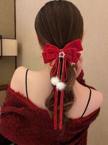 1 pezzo Fermaglio per capelli con fiocco e nappine rosse, Fermaglio per capelli con alligatore e strass, Decorazione per coda di cavallo con stelline di velluto, adatto per il Ringraziamento, il Capodanno cinese e altre festività come San Valentino