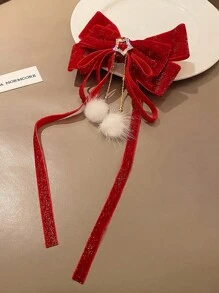 1 pezzo Fermaglio per capelli con fiocco e nappine rosse, Fermaglio per capelli con alligatore e strass, Decorazione per coda di cavallo con stelline di velluto, adatto per il Ringraziamento, il Capodanno cinese e altre festività come San Valentino