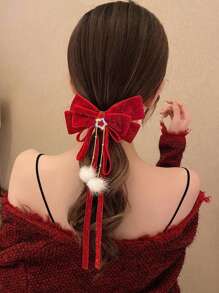 1 pezzo Fermaglio per capelli con fiocco e nappine rosse, Fermaglio per capelli con alligatore e strass, Decorazione per coda di cavallo con stelline di velluto, adatto per il Ringraziamento, il Capodanno cinese e altre festività come San Valentino