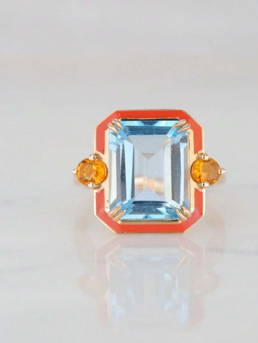 1pc Fashionable Colorful Drip Oil Cubic Zirconia Square Ring Suitable For Women Daily Wear