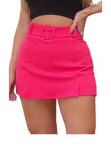 Women's Short Skirt With Lined Belt Short Shorts Slit Bermuda Skirt High Waist - Màu Hồng Tươi - Xem 2