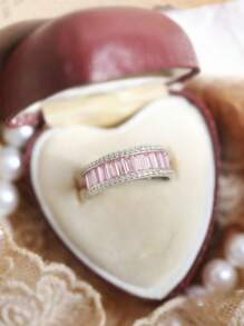 Stylever 1枚彩色全锆石戒指，925纯银材质，奢华闪耀，精致珠宝，送给女孩的礼物，舞会和派对装饰 - 粉色 - 查看 2