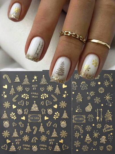 FULL BEAUTY 2 Stücke goldfarbene Weihnachts-Kristallkugeln, Winter-Schneeflocken-Baum, Bonbon-glänzende Nagelkunst Sticker & Aufkleber, niedliche Cartoon Rentier, Neujahrsfeiertags Nagel Accessoires, DIY Charms Dekoration