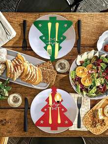 10 件装圣诞树餐具架毛毡叉勺袋圣诞餐桌装饰餐具袋 - 彩色 - 查看 3