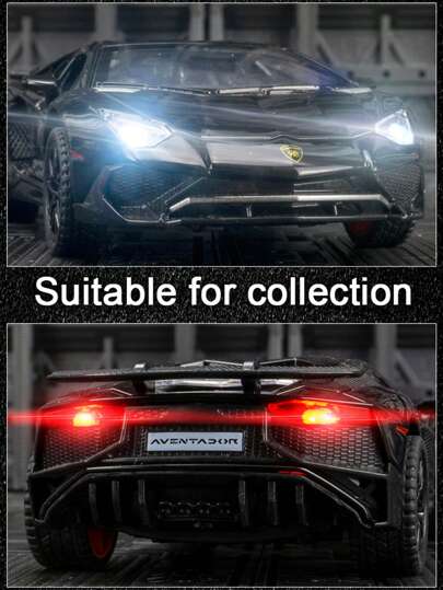 酷炫超跑仿真合金车模，车身采用锌合金材质，两侧剪刀门可打开，后引擎盖也可打开，是一款带仿真声光功能的儿童玩具车，车模做工精细，品质优良，适合收藏，也适合作为儿童生日礼物