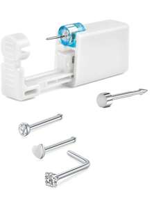 AVYRING 4-10Pcs Nose Piercing Kit With Silver Gold Nose Stud, 1Pack Nose Piercing Gun, Disposable Nose Piercing Kit With Straight L-Shape Nose Rings Stud White CZ Nose Piercings Gun Kit Tool