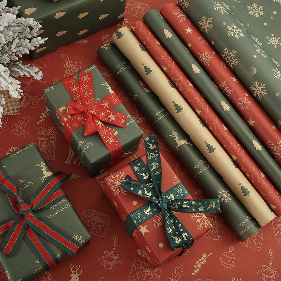 7 件/套多色混合圣诞包装纸，7 种圣诞礼品包装工艺纸，适用于办公室、家庭和花店装饰，可用于圣诞花、礼品盒、DIY 装饰 - 彩色 - 查看 1