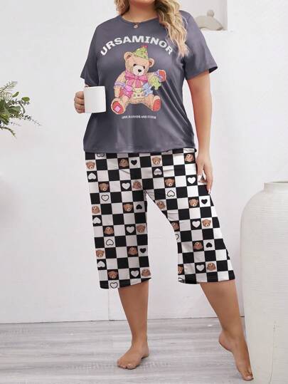 2pcs/Set Women Plus Size Casual Pajamas Set, Cute Bear Print Short Sleeve Round Neck T-Shirt & 7/8 Pants, Fashionable Lounge Wear For Home And Outdoor Wear, Spring/Autumn