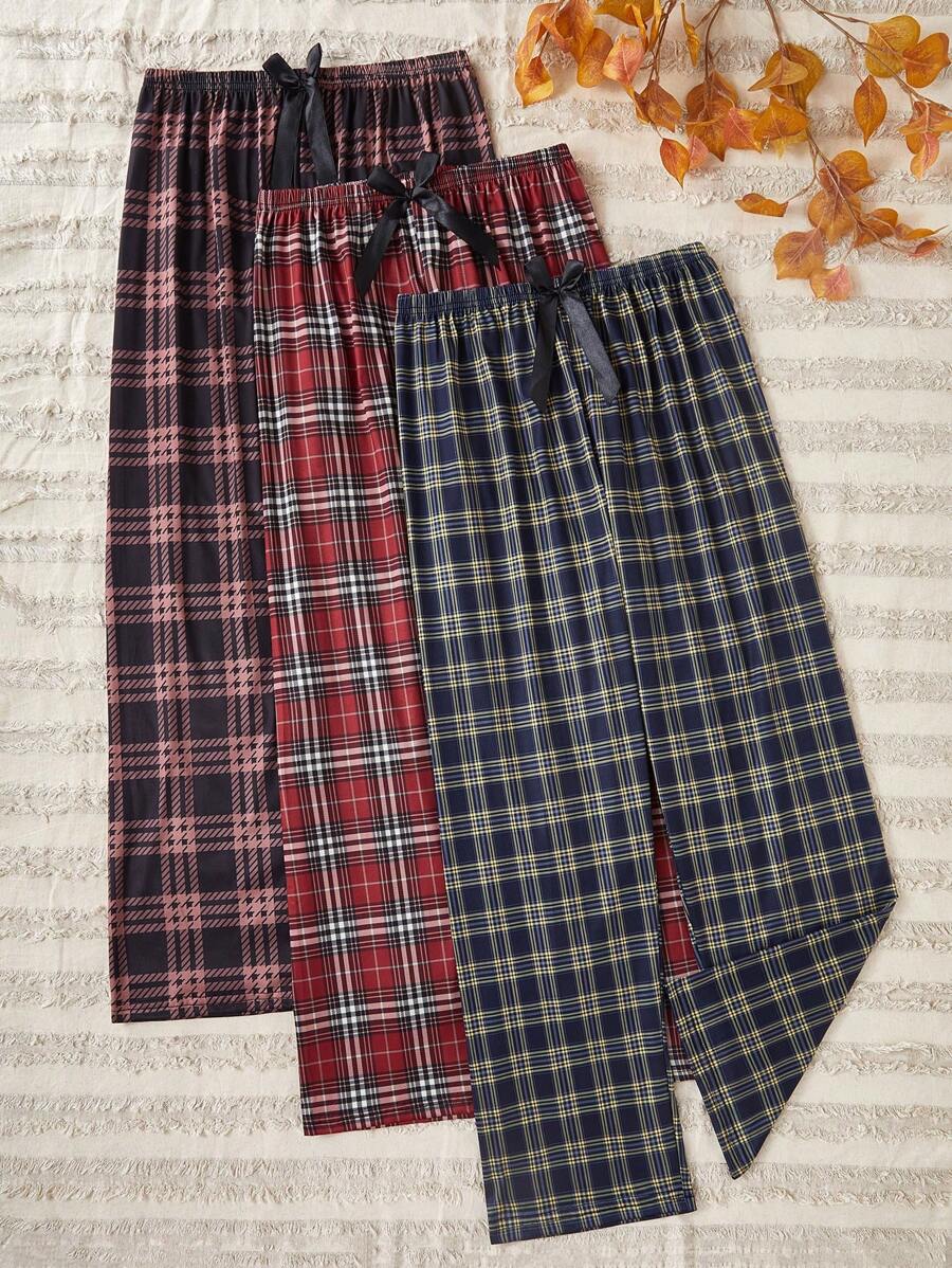 3件套女士格子及随机印花图案睡裤，秋冬服装 - 彩色 - 查看 1