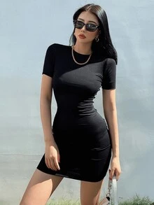 Dress For Women Fitted Short Casual Short Sleeve Round Neck Black - màu đen - Xem 3