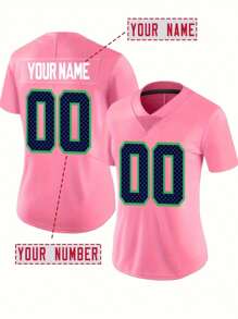 Áo bóng bầu dục Mỹ thêu tên và số tùy chỉnh cho nữ Seattle màu hồng cổ chữ V tay ngắn cá nhân hóa trò chơi tiệc tùng luyện tập thi đấu thể thao tự làm S-XXL - Hồng - Xem 1