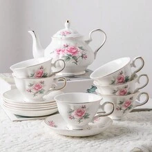 Sweejar Home 21-Pieces Porcelain Tea Set, Vintage Floral Gift Tea Set, Tea Service For Adults, With Teapot, Sugar Bowl, Creamer Pitcher And Spoons, For Tea/Coffee, Suitable For Party - 粉紅花 - 查看 4