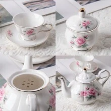 Sweejar Home 21-Pieces Porcelain Tea Set, Vintage Floral Gift Tea Set, Tea Service For Adults, With Teapot, Sugar Bowl, Creamer Pitcher And Spoons, For Tea/Coffee, Suitable For Party - 粉紅花 - 查看 3