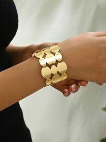 1 件女士奢华夸张金属圆盘拼接袖口手链（可调节尺寸） - 金色 - 查看 3