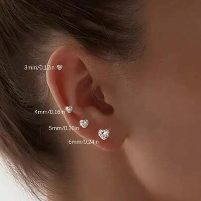 1对S925纯银白色心形迷你钻石耳钉，3毫米、4毫米、5毫米、6毫米可选，低过敏性，精致女士礼物，生日礼物