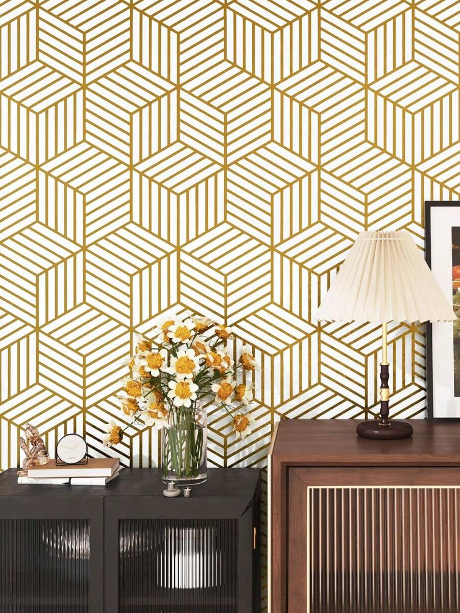 1M/3M 金色几何条纹自粘墙纸，房间背景墙装修装饰，防水防潮 PVC 贴纸