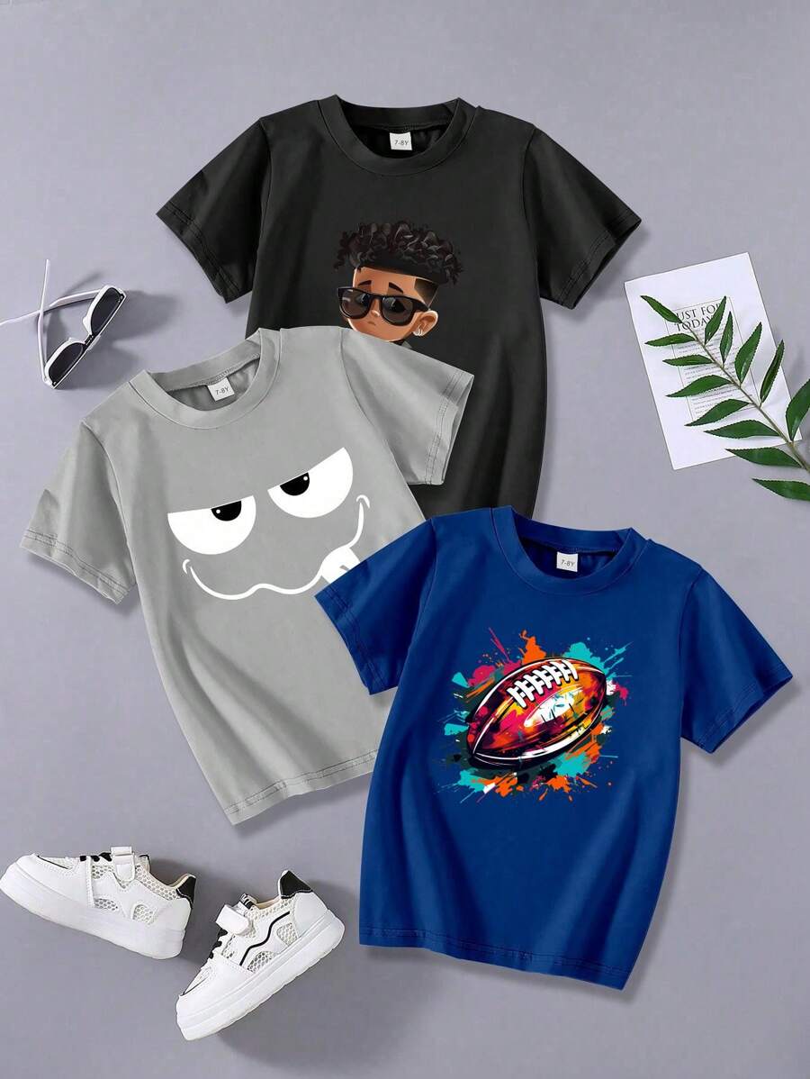 Tween Boy 3pcs Casual Cartoon Character, Football, Ghost Face Graphic Short Sleeve Lightweight Breathable T-Shirt Set, Summer