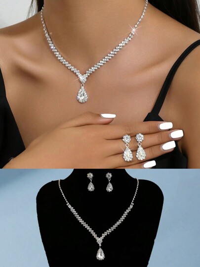 1 Set Gold-Tone Elegant Necklace And Earrings Jewelry Set, Fashion Simple Necklace Earrings Suit For Gala, Wedding, Birthday Party, Prom, Adult Ceremony, Alloy Crystal Bridal Accessories