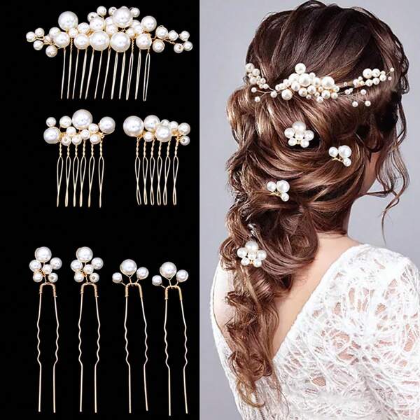 Juego de 7 piezas Nuevo accesorio nupcial europeo y americano para la boda, peineta con perlas blancas hechas a mano 3 piezas + 4 piezas Juego de pasadores para el cabello