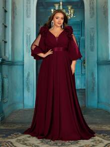 QOQ Robe formelle élégante pour femmes, grande taille, pour soirée de mariage, dîner, anniversaire. Couleur unie, mousseline de soie, col V, robe de soirée maxi