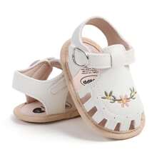 Baby Girl Sandals, PU Leather Non-Slip Embroidery Flower Summer Flats Toddler Shoes For Casual Daily - 白色 - 查看 7