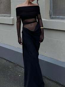 WOWDARK Women's Solid Off Shoulder Mesh Hollow Out Fitted Long Dress, Sexy & Flattering, Autumn