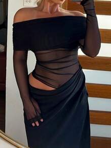 WOWDARK Women's Solid Off Shoulder Mesh Hollow Out Fitted Long Dress, Sexy & Flattering, Autumn