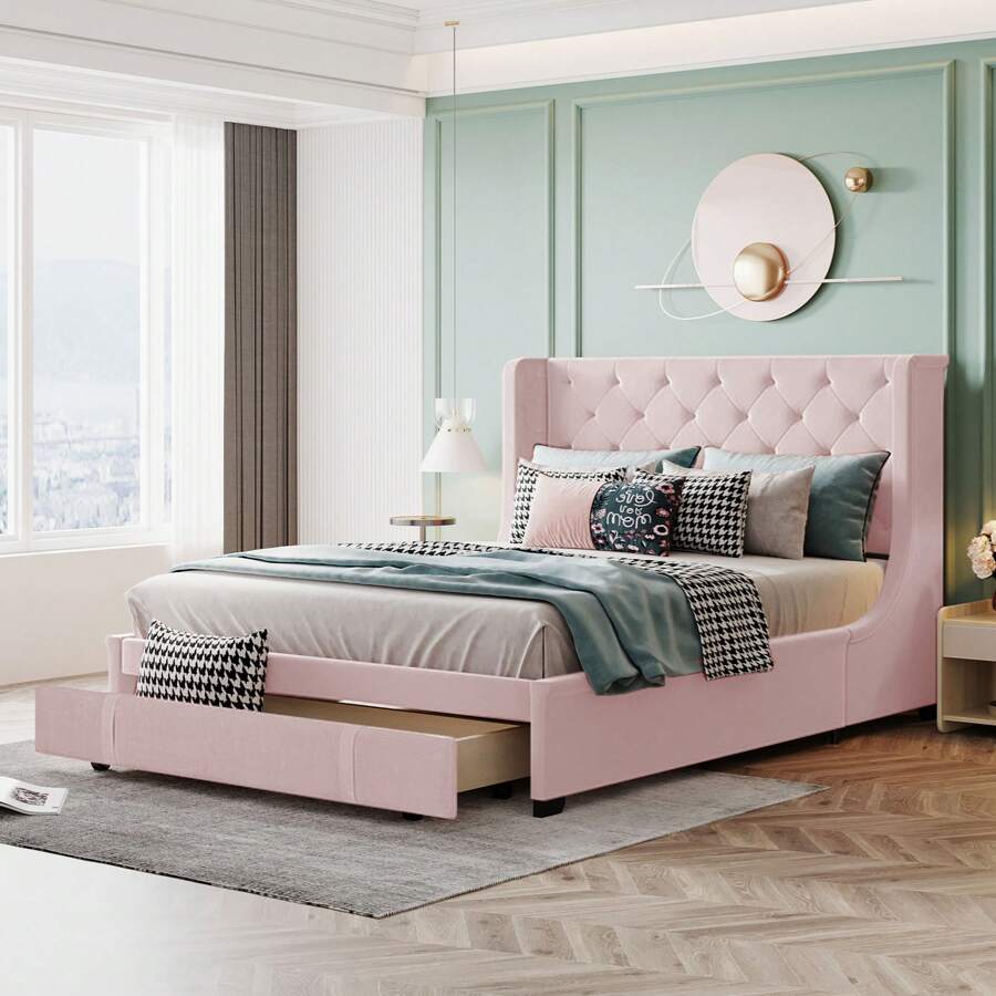 okwish Upholstered Bed 140 X 200 Cm, Double Bed With Slatted Frame, Backrest And Large Drawers, Adult Bed Youth Bed Made Of Linen, Beige/Pink Without Mattress - 粉色 - 查看 1