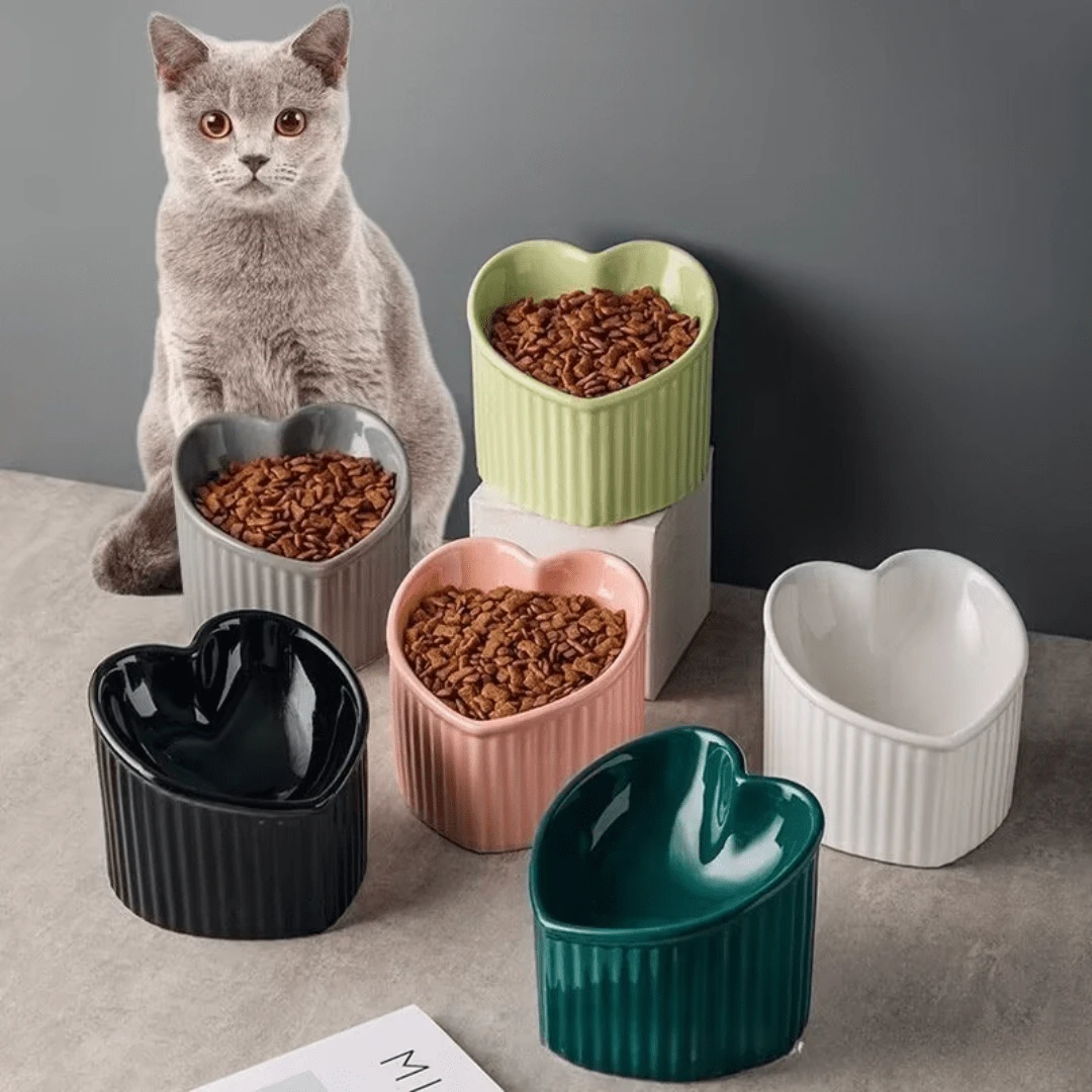 1个心形陶瓷猫碗,加高倾斜式猫粮碗,防呕吐水碗,保护颈部 - 彩色 - 查看 1
