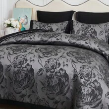 7-Piece Queen/King Comforter Set With Matching Curtains-Jacquard Patchwork Bed In A Bag Bedding Set - Grey - View 3