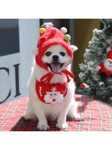 2pcs/Set Christmas Pet Hat & Bib Set, Cat Clothes & Dog Bibs For Winter, Fits 8-15 Lbs Pets