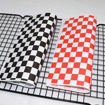 红/黑/黄格子油炸食品防油纸，薯条和小吃托盘吸油纸，干蜡熟食纸，塑料食品篮纸，食品用耐油蜡纸，三明治包装纸，适合聚会、节日和户外使用，100 张，11.8 * 11.8 英寸/7*7 英寸