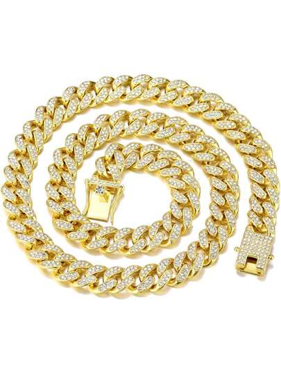 Fashion Hip Hop Cuban Link Chain, Shiny Cuban Necklaces And Bracelets, Hip Hop Jewelry Rhinestone Chains. Luxurious Design Suitable For Men, Women Can Also Wear As Neck And Wrist Accessories, Dazzling Rhinestones