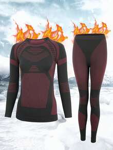 女士冬季保暖内衣套装，透气保暖长袖上衣和高腰修身长裤，无缝两件套运动套装，适合跑步、滑雪 - 紅色 - 查看 5