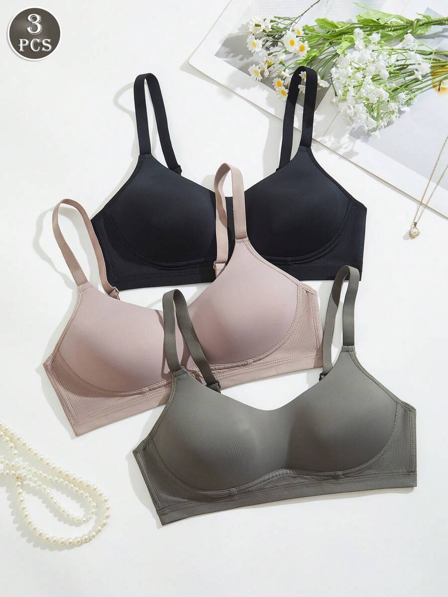 3件套女士舒适休闲无钢圈软杯纯色内衣文胸