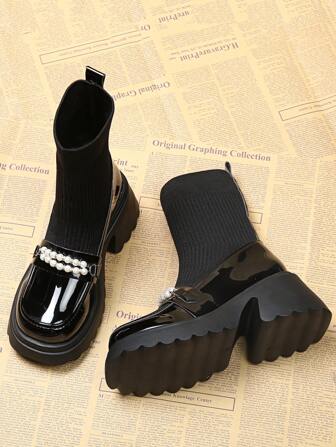 Queenzoo Höst/vinter Dam Nya Pärlprydda Stövlar Till Halvan Med Tjocka Sulor & Förhöjningseffekt