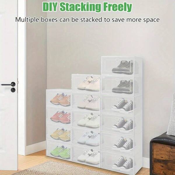 24pcs Shoe Storage Box Stackable, Clear Plastic Shoe Boxes 34x23x14cm - Foldable Shoe Organizer Containers With Lids Transparent Plastic Storage Box Suitable For Women White