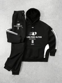 2 peças moletom com capuz casual engraçado da moda masculina com estampa de letras - Preto - Ver 1