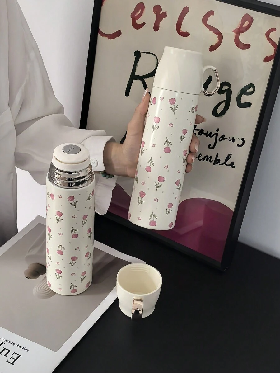 1pc 500ml/16.91oz Pink Tulip Series Vacuum Insulated Tumbler, Keeps Drinks Hot Or Cold, With Sip-Through Lid, Stainless Steel Double Wall Water Bottle, Travel & Outdoor Cup, Gym Bottle, Flat Bottom Cup, Car Cup, 4 Seasons, Holiday & Birthday Gift Back To School Back To School - Multicolor - View 1