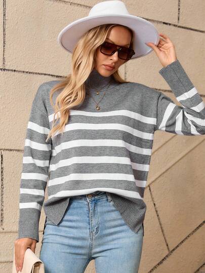 Maglione lento a righe da donna, design con orlo spaccato, pullover a collo alto a maniche lunghe, maglia casual morbida e elastica per l'autunno e l'inverno