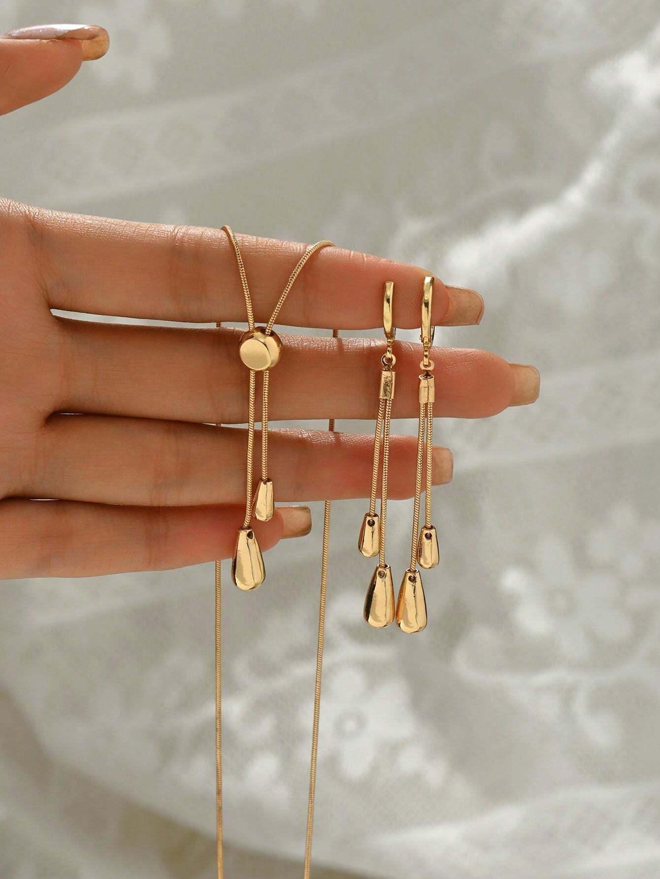 2Pcs Set Gold Fashion Jewelry Includes 1 Adjustable Length Simple