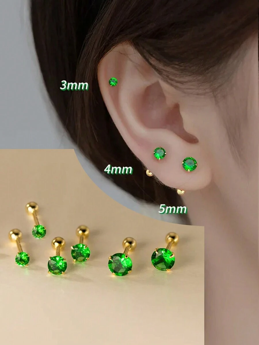6pcs/Set Stainless Steel & Ear Bone Stud Earrings For Women - Gold-green Diamond - View 1