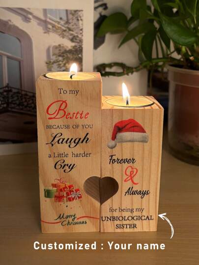 Castiçal de madeira com nome ou texto personalizado, elemento natalino, decoração aconchegante para casa, decoração para atmosfera de feriado, decoração para festa de feriado, decoração aconchegante para casa, decoração para mesa, decoração para sala de estudo