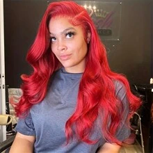 34Inch 250 Density Red Body Wave 13x4 HD Lace Front Wigs Human Hair Pre Plucked With Baby Hair 12A Brazilian Remy Wavy 13x4 Lace Frontal Human Hair Wigs For Women Red Color - SRed - 查看 4