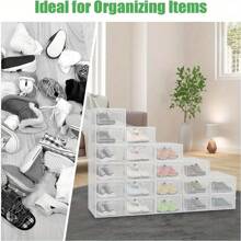 24pcs Shoe Storage Box Stackable, Clear Plastic Shoe Boxes 34x23x14cm - Foldable Shoe Organizer Containers With Lids Transparent Plastic Storage Box Suitable For Women White