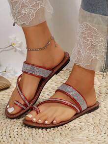 Giày sandal đế bằng da hở mũi đơn giản, thoải mái cỡ lớn mới cho nữ, giày đi biển ngoài trời thời trang thường ngày cho mùa hè - Đỏ - Xem 4