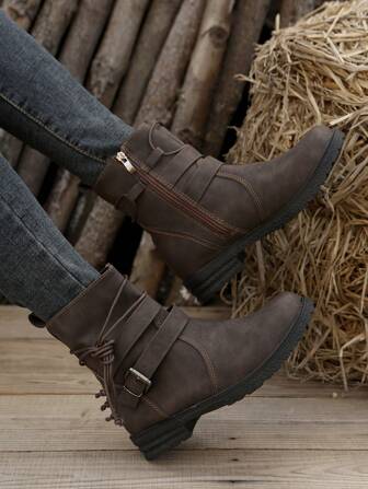 2025年秋冬大码女式跨境PU皮革圆头侧拉链粗跟靴