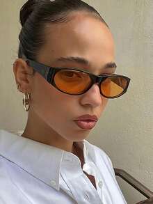 1 chiếc kính thời trang gọng tròn nhỏ hình bầu dục dành cho nữ, thanh lịch và tinh tế, thích hợp để đeo trong nhiều dịp khác nhau như kính thời trang nữ, phụ kiện đi biển cho kính râm nữ - khung đen màu cam - Xem 2