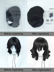 Tóc giả Anime Cosplay tóc giả ngắn nhiều lớp màu đen cổ điển Halloween có mái cho nam Tóc tổng hợp chịu nhiệt, dài ngang vai, tóc giả dự tiệc, đi học, mặc hàng ngày, thời trang, tóc giả tua rua cho ngày lễ, sinh nhật, lễ tạ ơn, quà tặng Giáng sinh, năm mới & 1 mũ đội tóc giả - màu đen - Xem 6