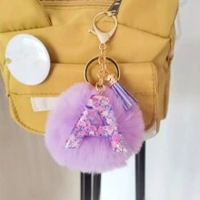 Adorable Glitter Initial Pompom Keychain - Sparkling Resin Alphabet Pendant With Fluffy Letter Charm For Girls' Bags, Backpacks, And Accessories - Personalized Idea For Teens And Young Ladies Halloween Accessories Teachers Day Christmas Gift Ideas Bag Accessories Lanyards With Id Holder Car Accessories Bag Charms
